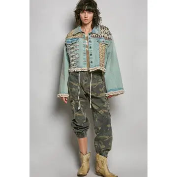 Boho Lace Trim Sequin Beaded Patchwork Denim Jacket