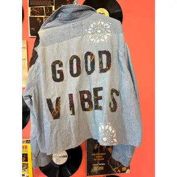 Good Vibes Upcycled  Button Up Flannel Style Top