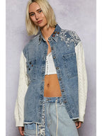 Boho Lace Patchwork Knit Long Sleeve Shirt Jacket Top