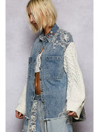 Boho Lace Patchwork Knit Long Sleeve Shirt Jacket Top