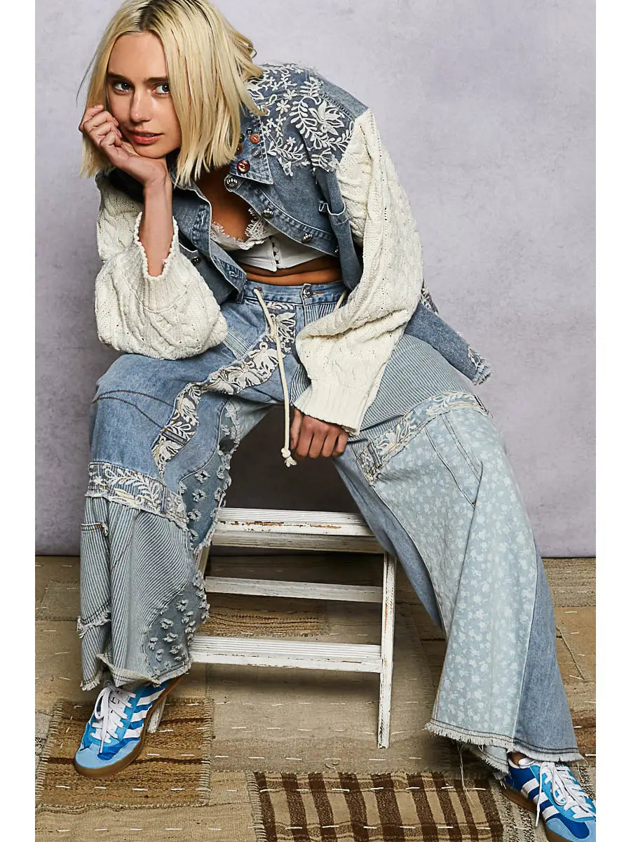 Boho Lace Patchwork Knit Long Sleeve Shirt Jacket Top