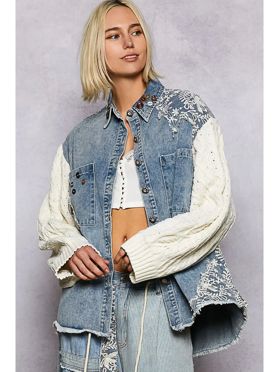 Boho Lace Patchwork Knit Long Sleeve Shirt Jacket Top