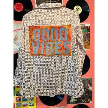 Good Vibes Upcycled  Button Up Flannel Style Top