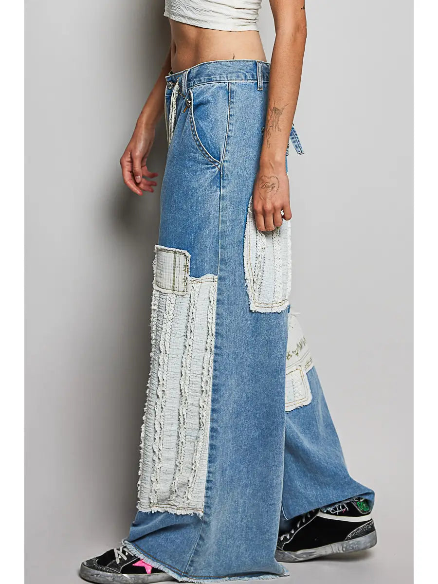 Boho Vintage Patchwork Denim Straight Leg Pants