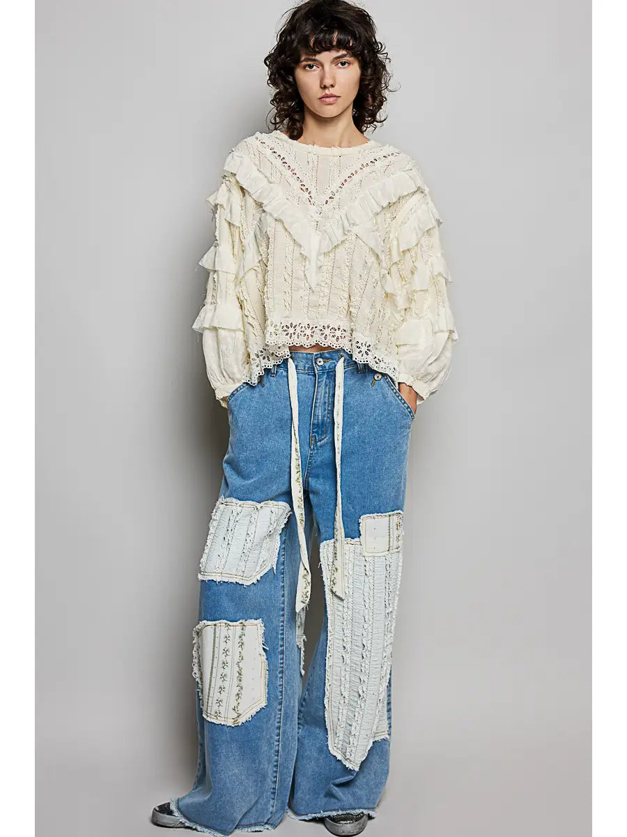 Boho Vintage Patchwork Denim Straight Leg Pants