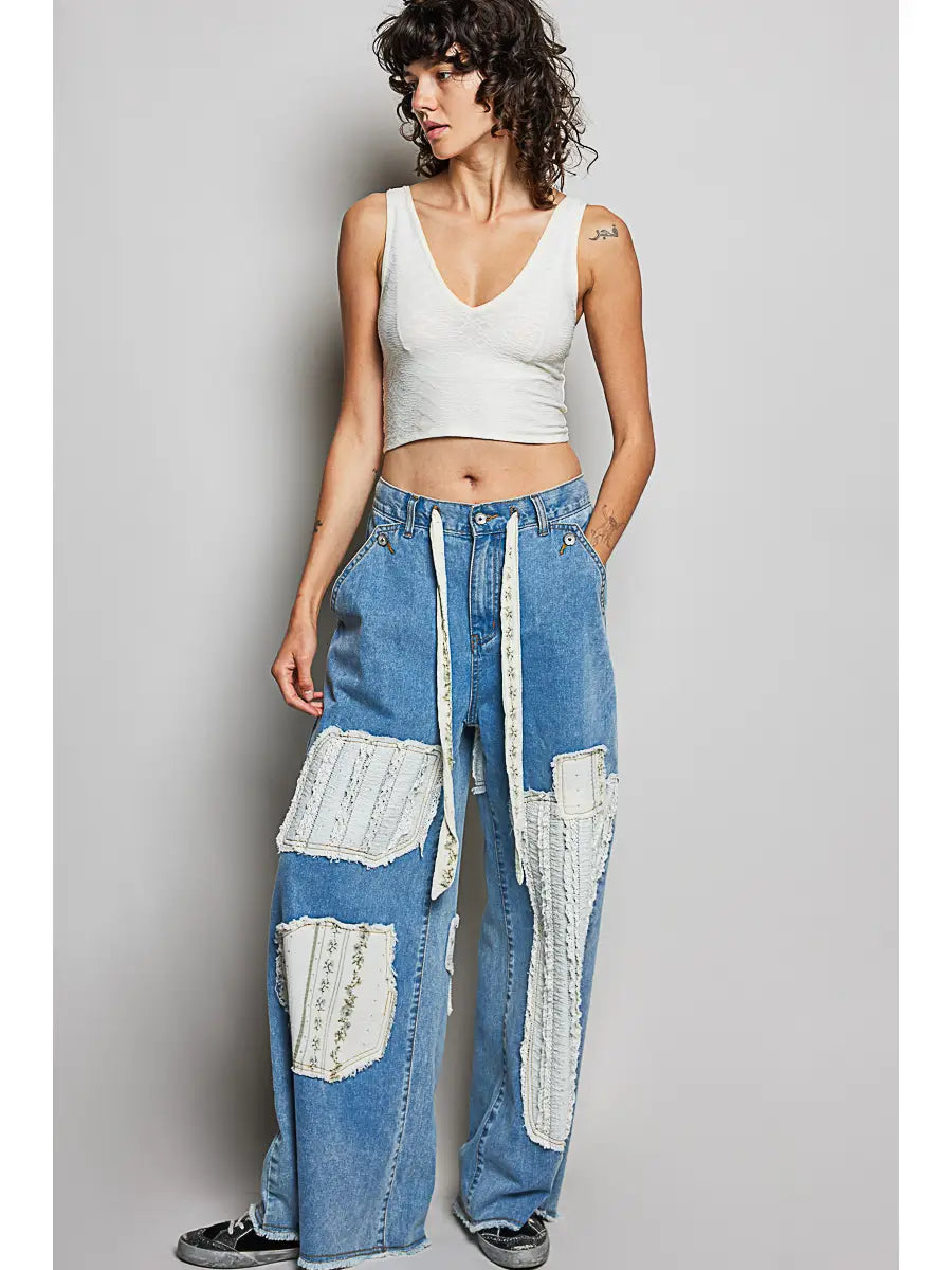 Boho Vintage Patchwork Denim Straight Leg Pants