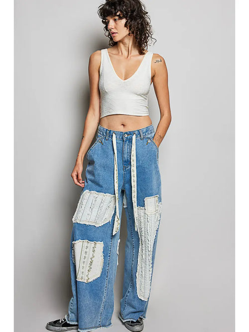 Boho Vintage Patchwork Denim Straight Leg Pants