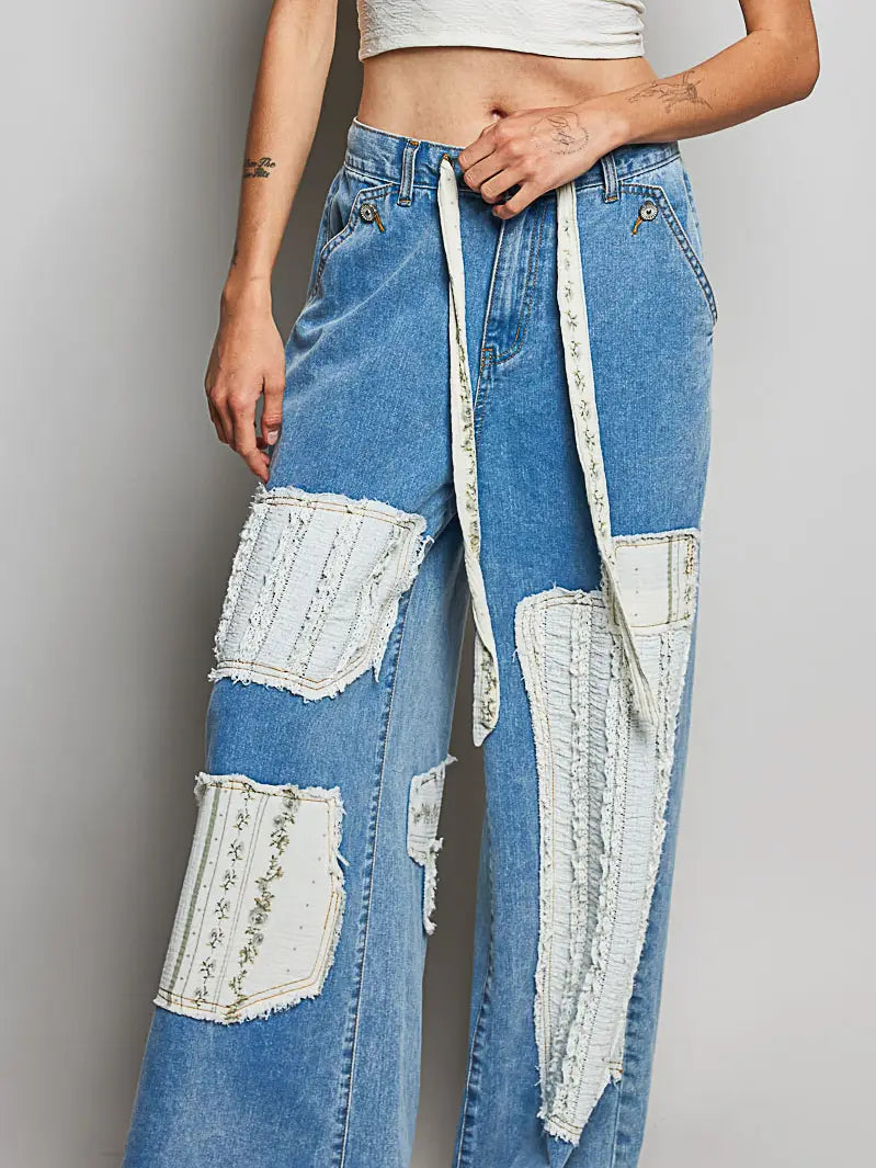 Boho Vintage Patchwork Denim Straight Leg Pants