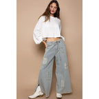 Distressed Waist Strape Stripe Denim Wide Pants