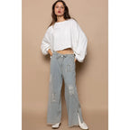 Distressed Waist Strape Stripe Denim Wide Pants
