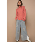 Distressed Waist Strape Stripe Denim Wide Pants