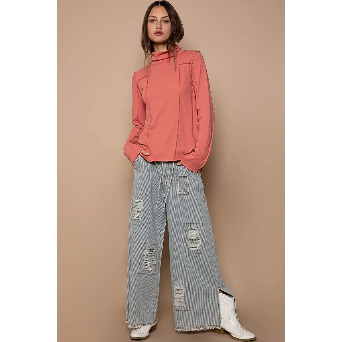 Distressed Waist Strape Stripe Denim Wide Pants