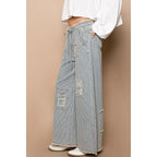 Distressed Waist Strape Stripe Denim Wide Pants