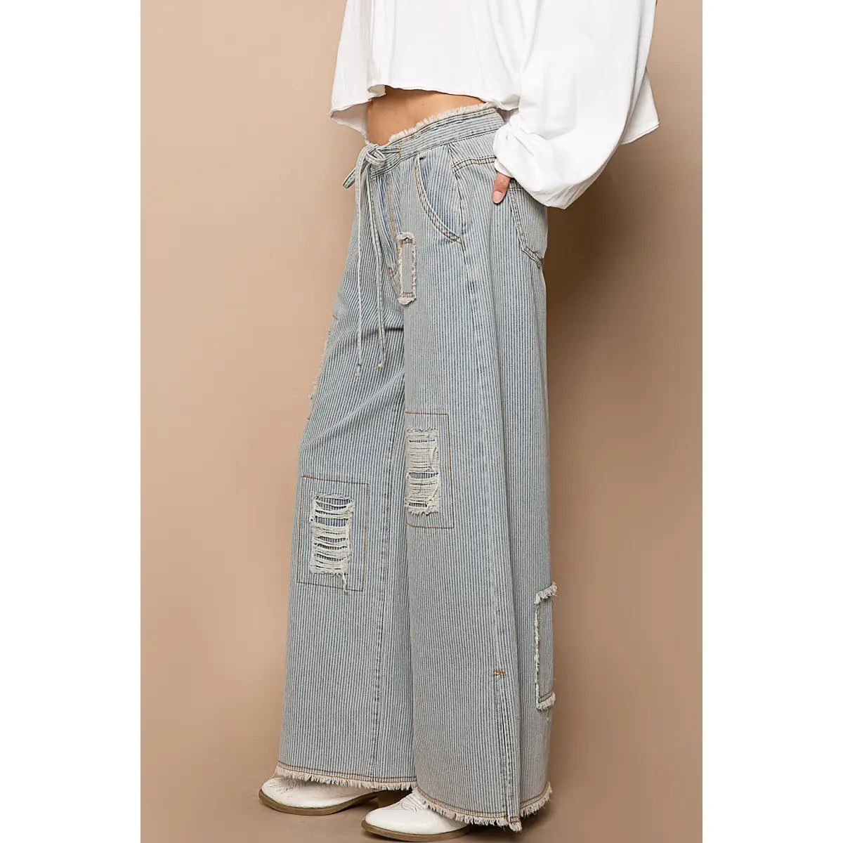 Distressed Waist Strape Stripe Denim Wide Pants