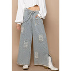 Distressed Waist Strape Stripe Denim Wide Pants