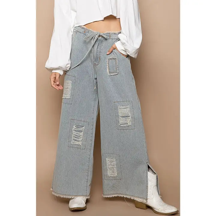 Distressed Waist Strape Stripe Denim Wide Pants