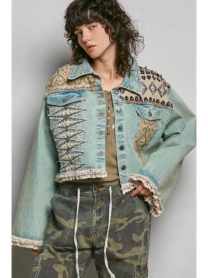 Boho Lace Trim Sequin Beaded Patchwork Denim Jacket
