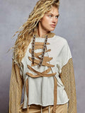 Long Sleeve French Terry Lace-Up Detail Knit Top
