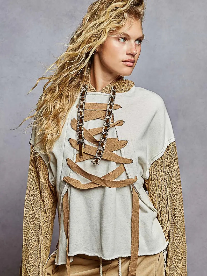 Long Sleeve French Terry Lace-Up Detail Knit Top