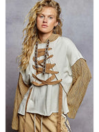 Long Sleeve French Terry Lace-Up Detail Knit Top