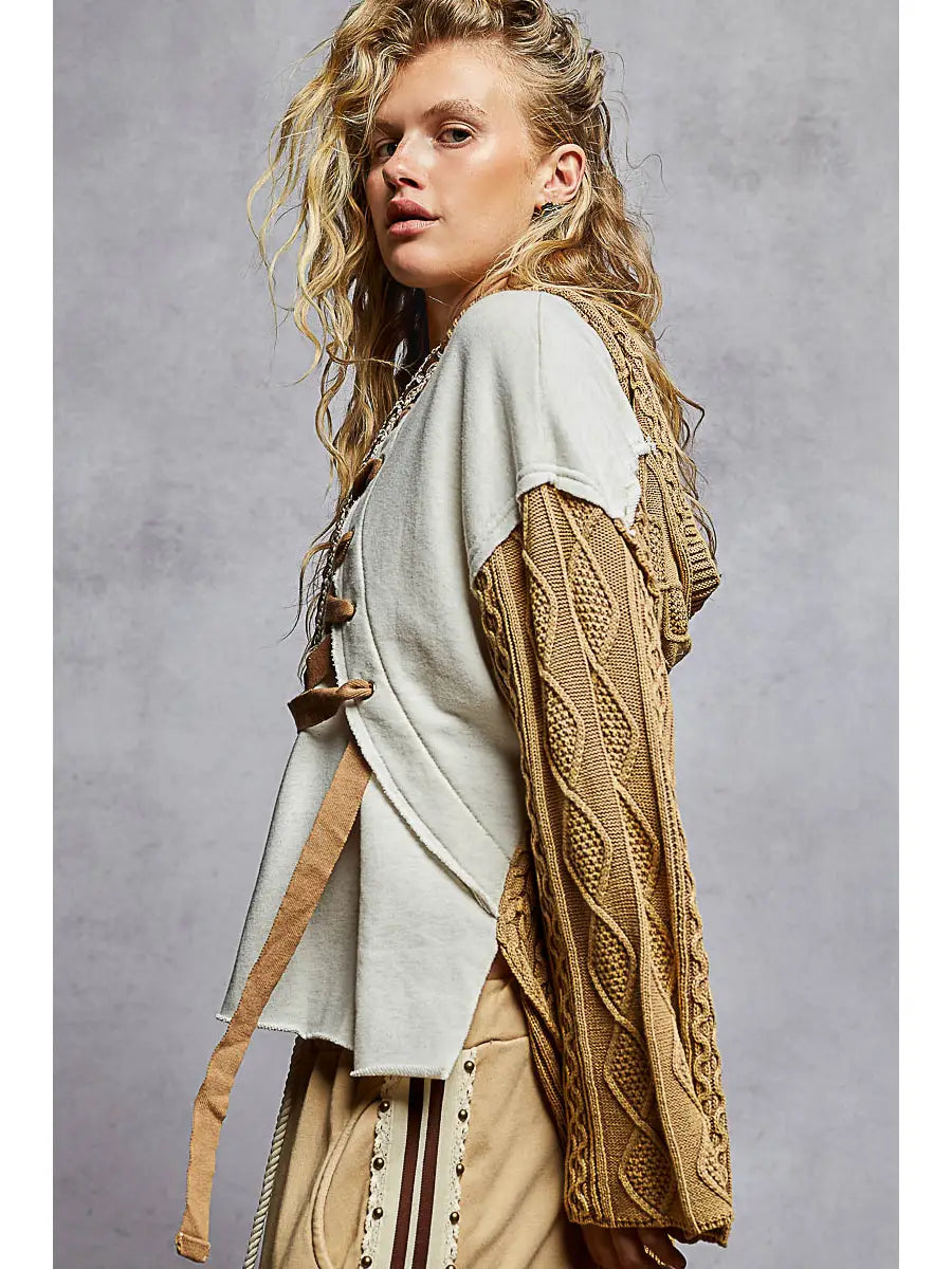 Long Sleeve French Terry Lace-Up Detail Knit Top