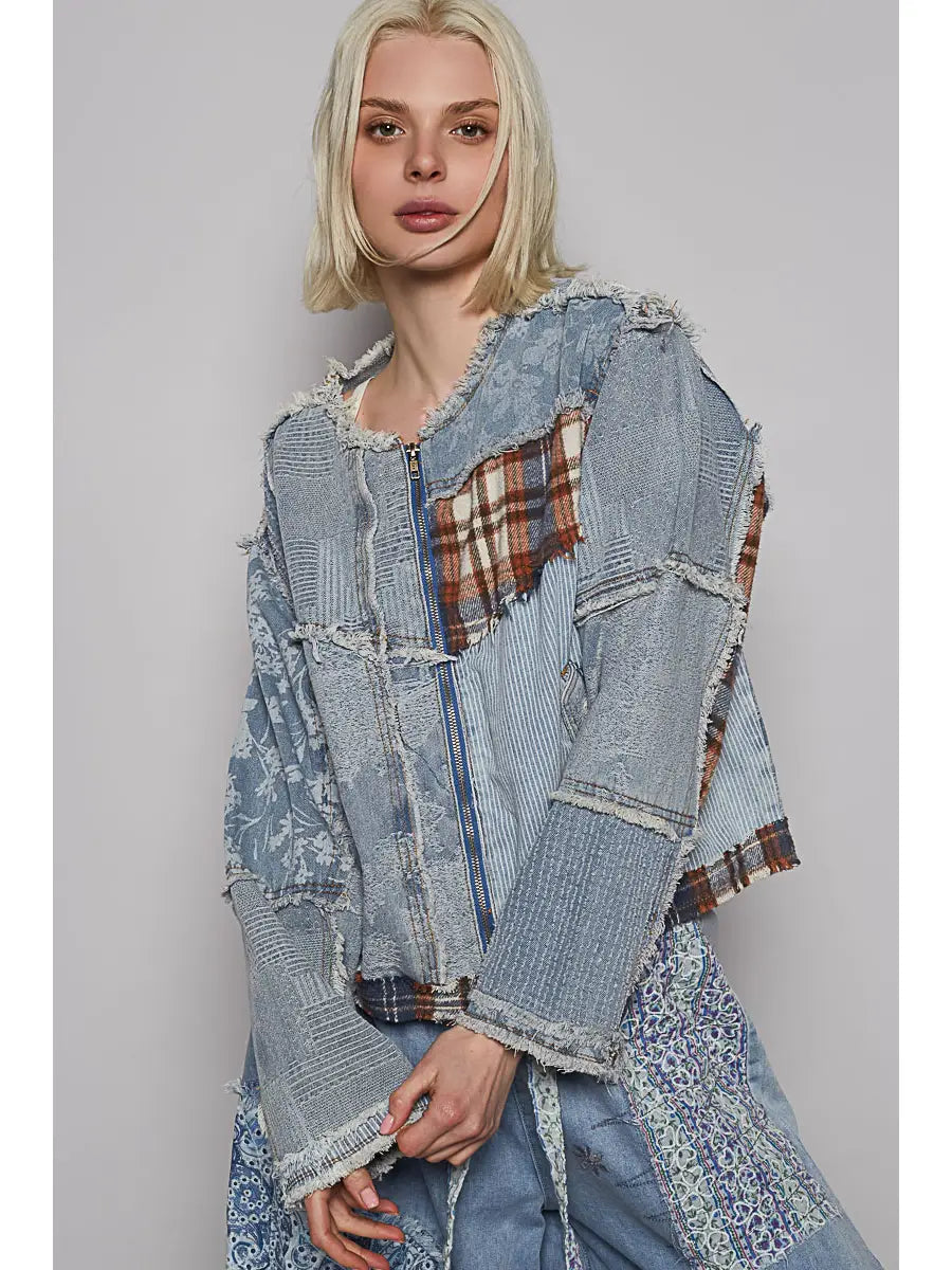 Long Sleeve Printed Patchwork Contrast Textured Denim Jacket