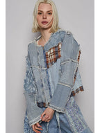 Long Sleeve Printed Patchwork Contrast Textured Denim Jacket