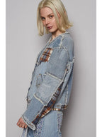 Long Sleeve Printed Patchwork Contrast Textured Denim Jacket