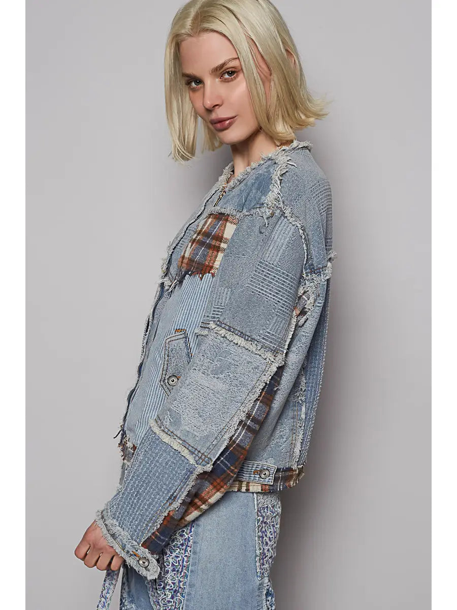 Long Sleeve Printed Patchwork Contrast Textured Denim Jacket