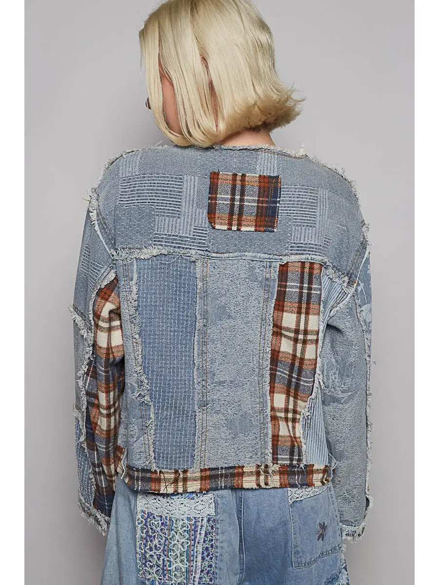 Long Sleeve Printed Patchwork Contrast Textured Denim Jacket