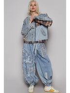 Long Sleeve Printed Patchwork Contrast Textured Denim Jacket