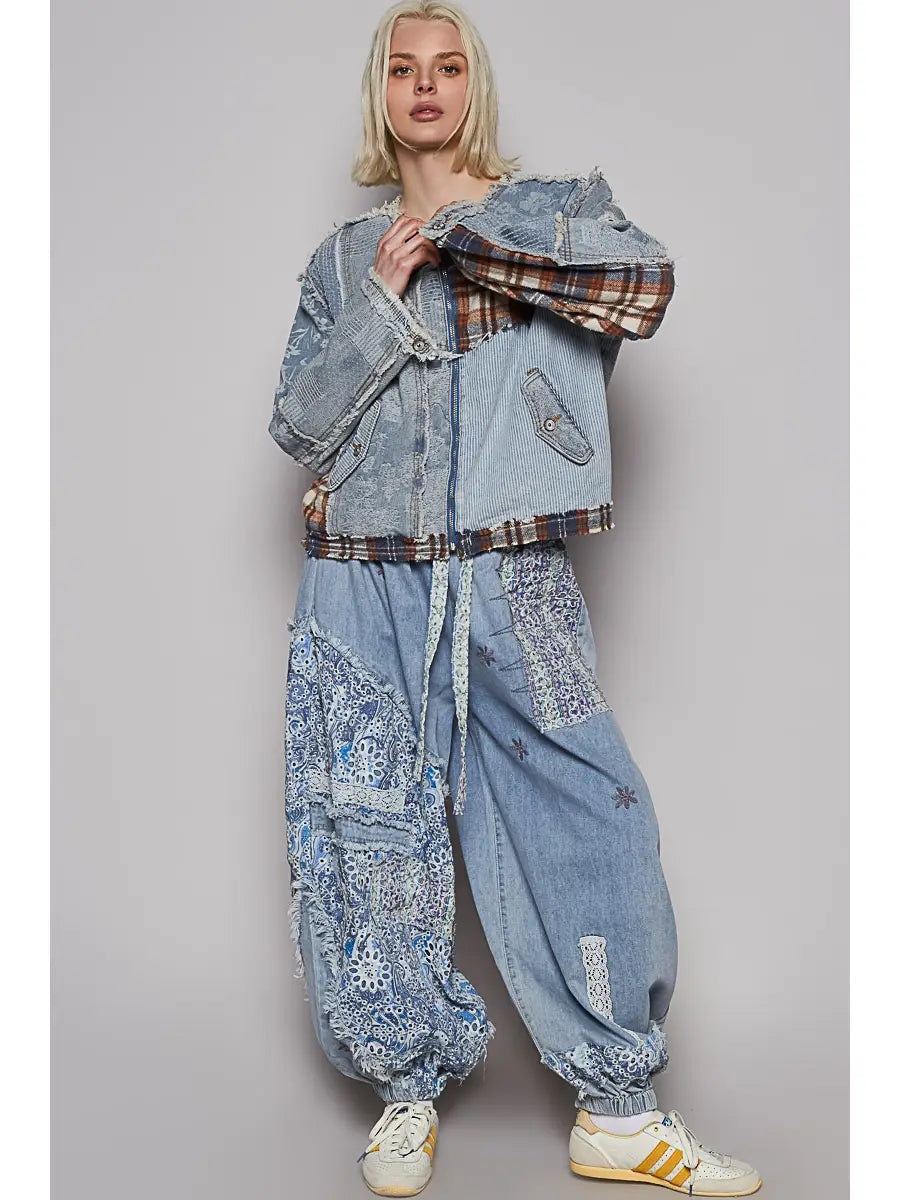 Long Sleeve Printed Patchwork Contrast Textured Denim Jacket
