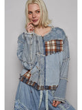 Long Sleeve Printed Patchwork Contrast Textured Denim Jacket