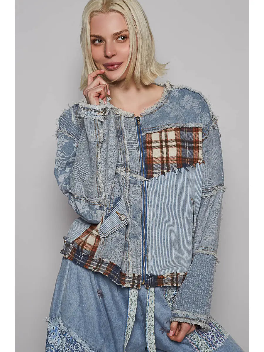 Long Sleeve Printed Patchwork Contrast Textured Denim Jacket