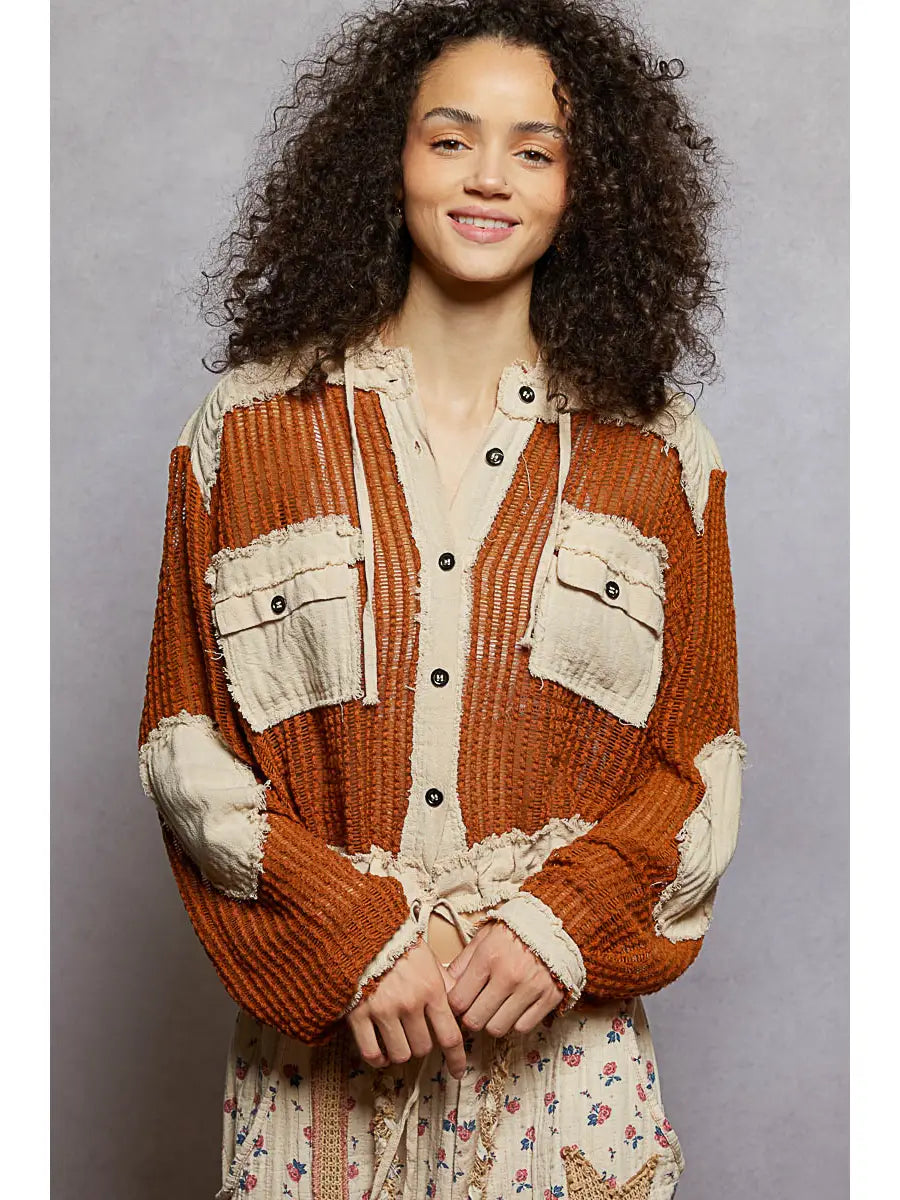 Open Knit Button Down Pocket Front Hooded Shirt Top Sale