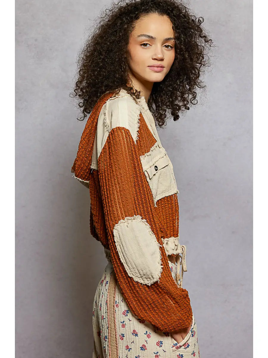 Open Knit Button Down Pocket Front Hooded Shirt Top Sale