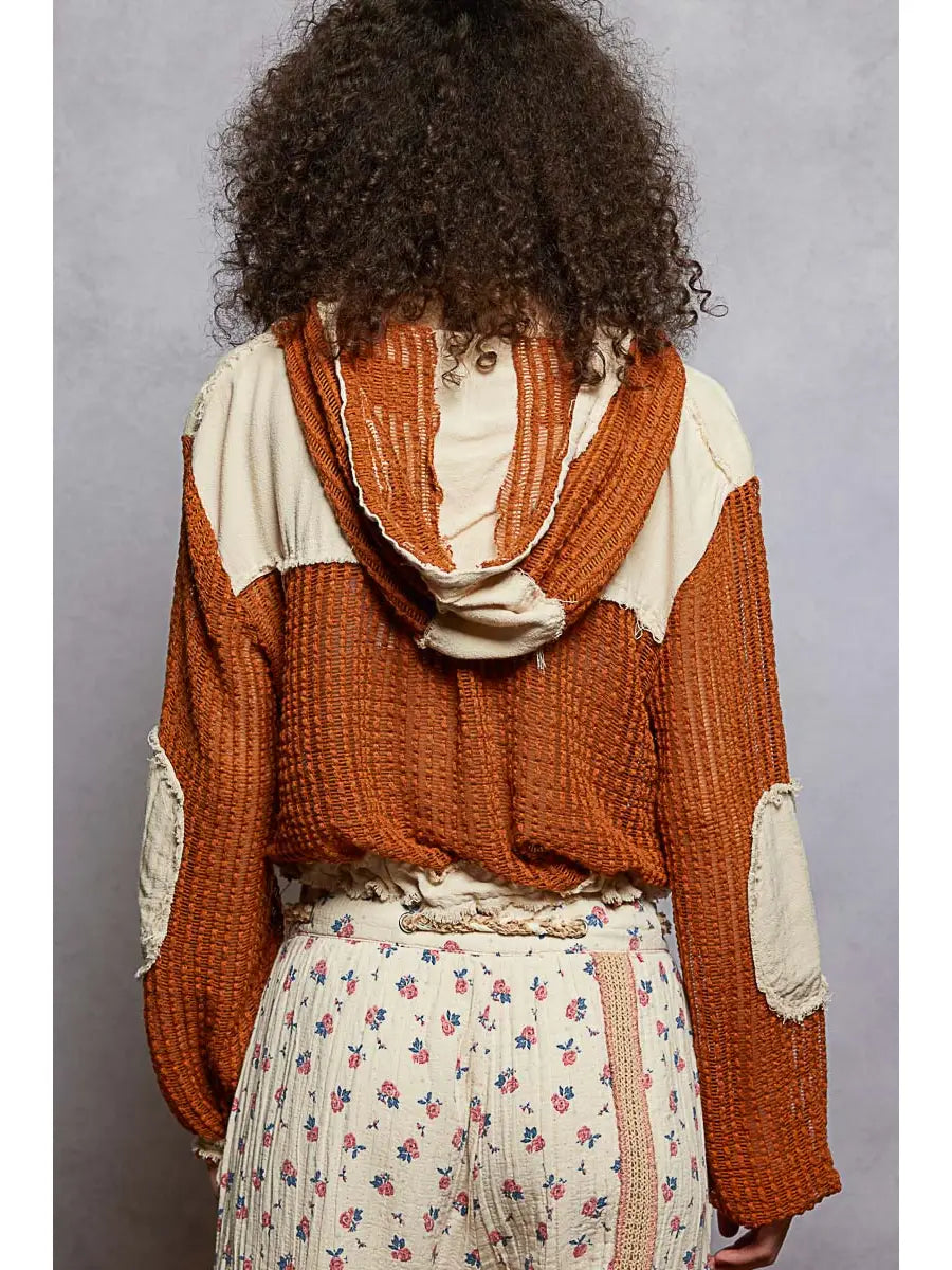 Open Knit Button Down Pocket Front Hooded Shirt Top Sale