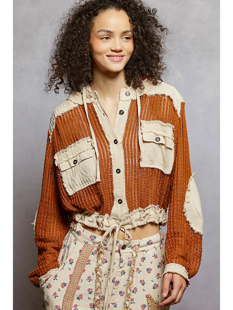 Open Knit Button Down Pocket Front Hooded Shirt Top Sale