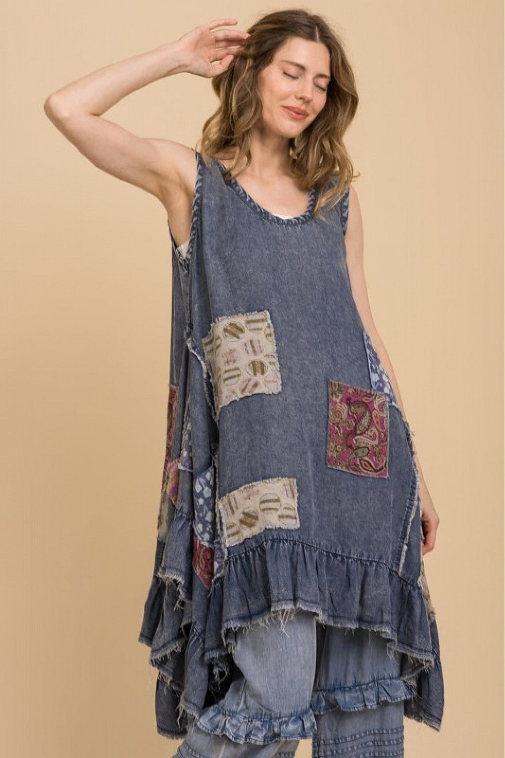 SLEEVELESS PATCHWORK LOOSE FIT RUFFLE DRESS
