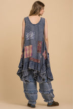 SLEEVELESS PATCHWORK LOOSE FIT RUFFLE DRESS