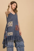 SLEEVELESS PATCHWORK LOOSE FIT RUFFLE DRESS