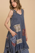 SLEEVELESS PATCHWORK LOOSE FIT RUFFLE DRESS