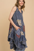 SLEEVELESS PATCHWORK LOOSE FIT RUFFLE DRESS