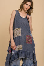 SLEEVELESS PATCHWORK LOOSE FIT RUFFLE DRESS
