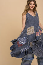 SLEEVELESS PATCHWORK LOOSE FIT RUFFLE DRESS