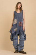 SLEEVELESS PATCHWORK LOOSE FIT RUFFLE DRESS