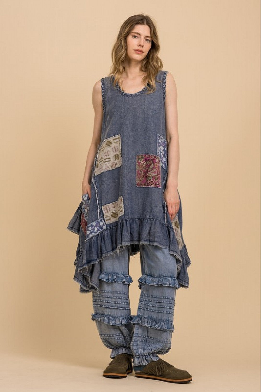 SLEEVELESS PATCHWORK LOOSE FIT RUFFLE DRESS