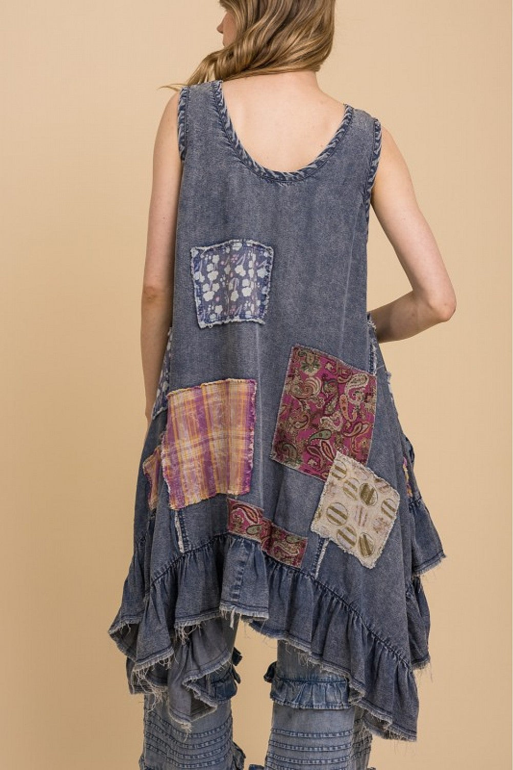 SLEEVELESS PATCHWORK LOOSE FIT RUFFLE DRESS