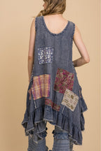 SLEEVELESS PATCHWORK LOOSE FIT RUFFLE DRESS