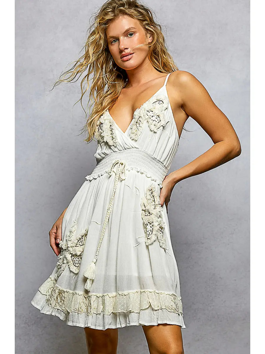 V-Neck Smocked Waist Ruffle Tassel Sleeveless Short Dress
